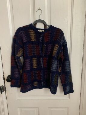 Vintage Multicolor Patterned Navy, Burgundy & Mustard Knit Cardigan